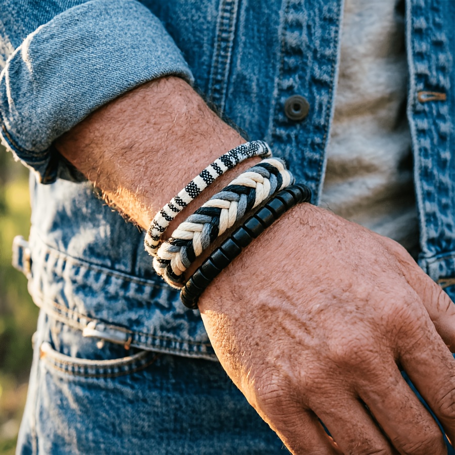 3pc Vintage Braided Rope Bracelet Set for Men, Black Wooden Beads
